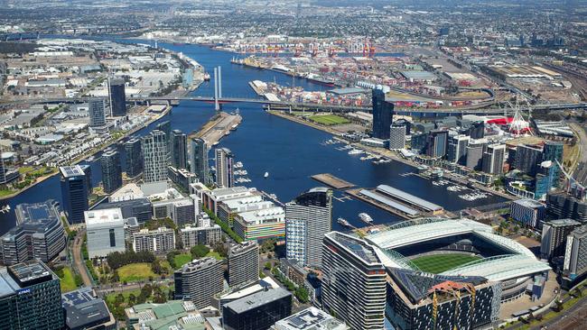 Melbourne from the air looking west across Docklands showcasing Marvel Stadium and the Bolte Bridge. Picture: Mark Stewart