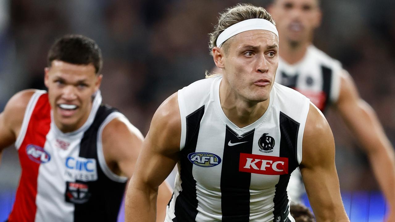 Collingwood captain Darcy Moore’s ball use woes continued for a third game with a catastrophic handball turnover which gifted the Saints a goal in the second term. Picture: Michael Willson / Getty Images