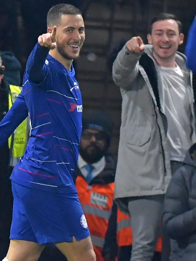 Chelsea’s Belgian midfielder Eden Hazard celebrates after scoring a second goal against West Ham. Picture: AFP