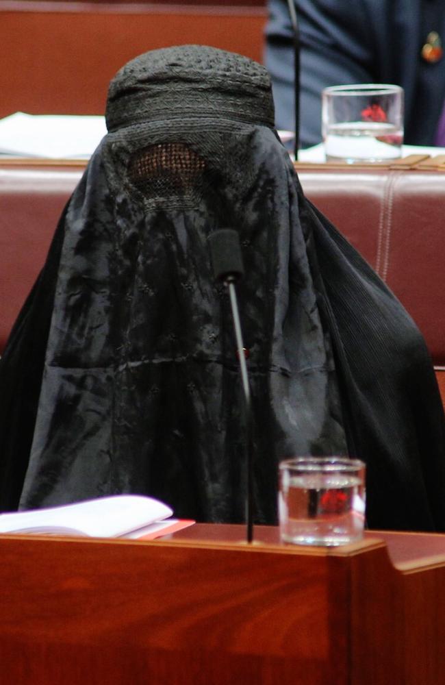 Senator Pauline Hanson wearing a burqa in the Senate. Picture: Gary Ramage