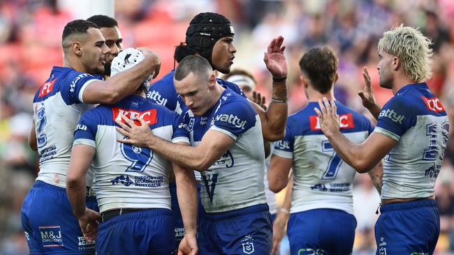 Queenslander Reed Mahoney celebrates with team mates after scoring a try. Canterbury has a long history of recruiting Queenslanders, but has now linked a deal with a Brisbane college steeped in rugby union tradition. (Photo by Hannah Peters/Getty Images)
