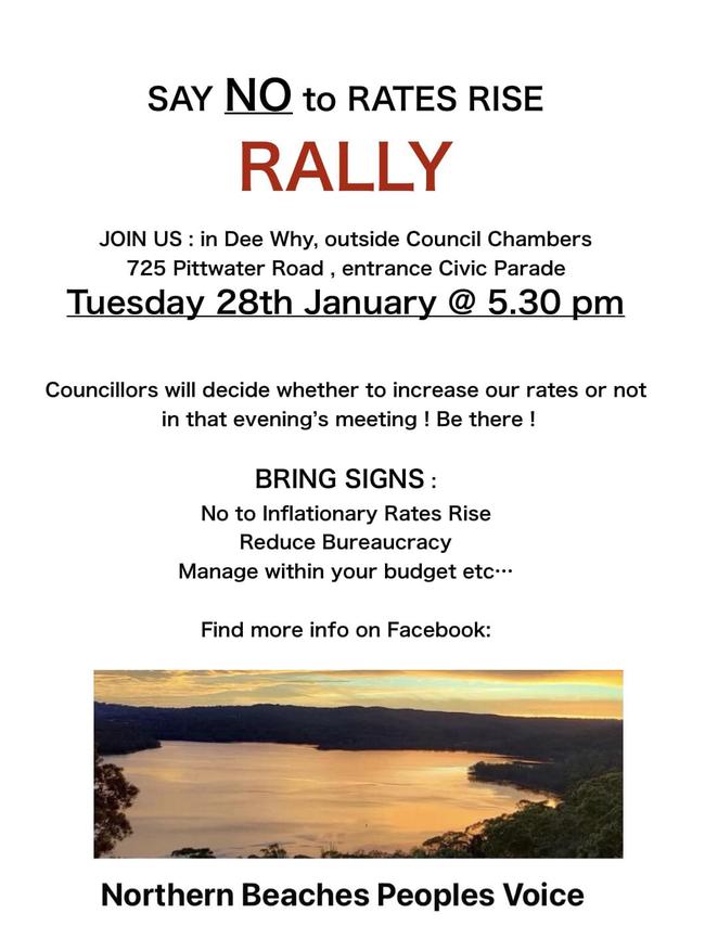 A poster calling on ratepayers to protest outside a meeting of Northern Beaches Council on Tuesday. Picture: Supplied