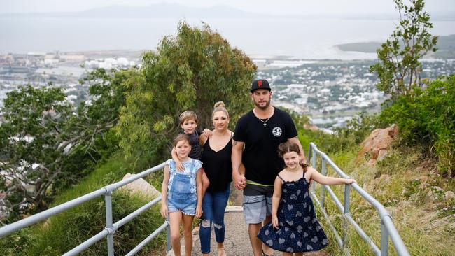 26 January 2019 Townsville, Qld - Daniel Di Bella on Townsville's Castle Hill with partner Kaylene Bradd and children (from left) Chloe Bradd, 9, Ethan Bradd, 4 and Charlotte Di Bella, 7  - Photo: Cameron Laird (Ph: 0418 238811 - cameron@cameronlaird.com)