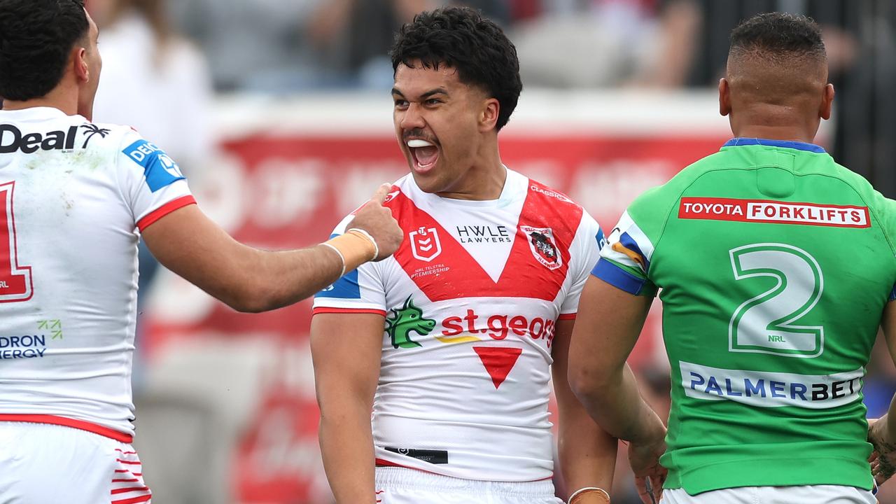 SYDNEY, AUSTRALIA - SEPTEMBER 07: Lyhkan King-Togia of the Dragons celebrates his try during the round 27 NRL match between St George Illawarra Dragons and Canberra Raiders at Netstrata Jubilee Stadium, on September 07, 2024, in Sydney, Australia. (Photo by Mark Metcalfe/Getty Images)