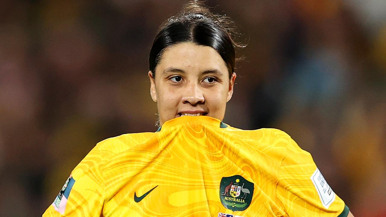 SYDNEY, AUSTRALIA – AUGUST 16: Sam Kerr of Australia reacts after a missed chance during the FIFA Women's World Cup Australia &amp; New Zealand 2023 Semi Final match between Australia and England at Stadium Australia on August 16, 2023 in Sydney, Australia. (Photo by Brendon Thorne/Getty Images)