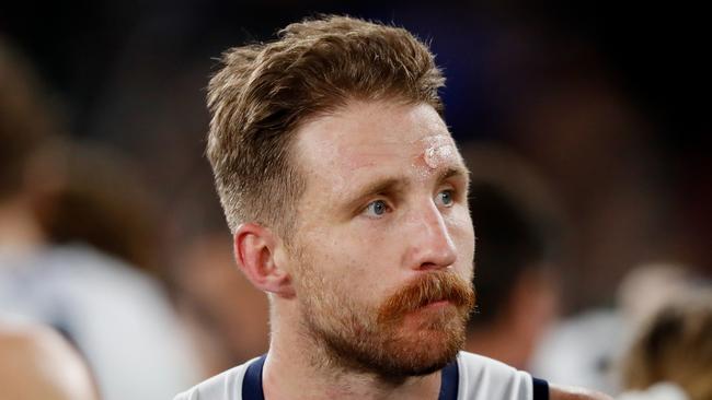 Zach Tuohy displays a visible mark on his forehead after being headbutted by the Bulldogs Bailey Smith. Picture: Getty Images