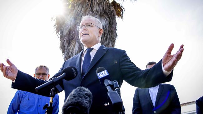 Prime Minister Scott Morrison speaking at a press conference at the Portland aluminium smlerter on Friday. Picture: Nicole Cleary