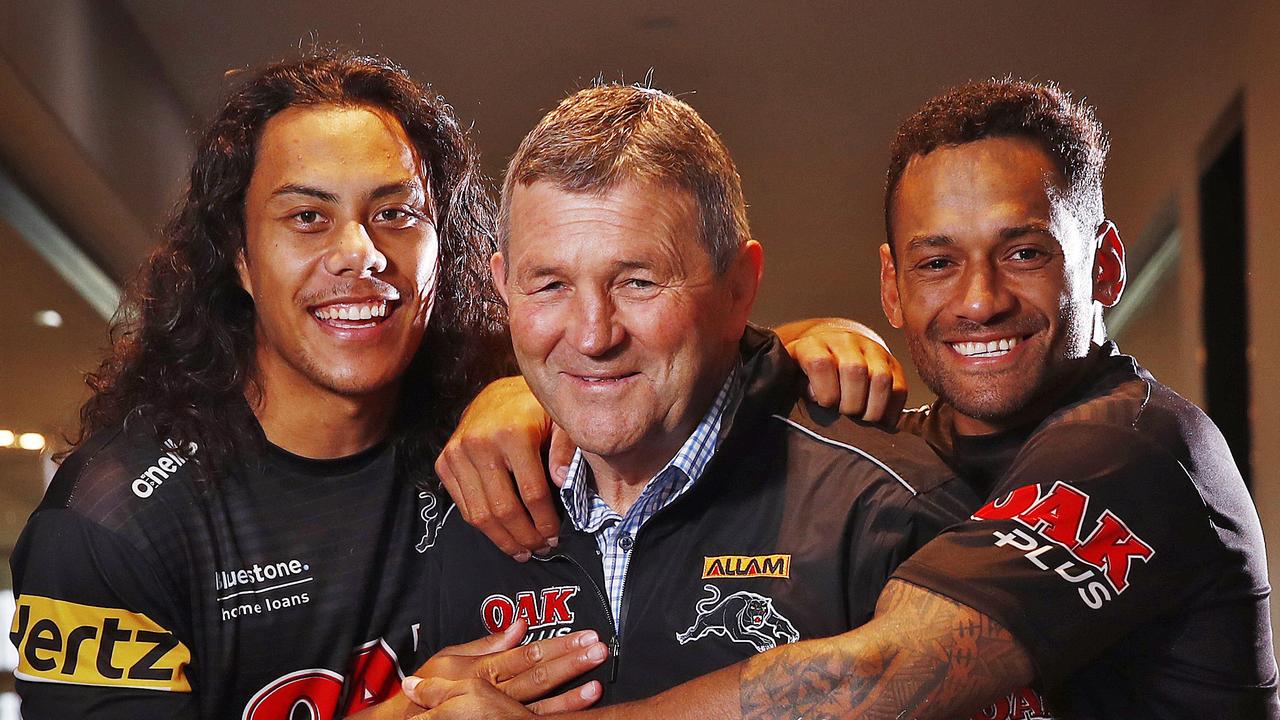 Panthers legend Royce Simmons with Jarome Luai and Api Koroisau. Picture: Sam Ruttyn