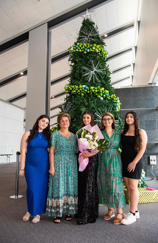 Kyra Catis, Helen Kourounis, Nasia Catis, Gella Catis and Eleno Catis at the Year 12 School formals of Darwin High School at Darwin Convention Centre, Darwin. Picture: Pema Tamang Pakhrin.