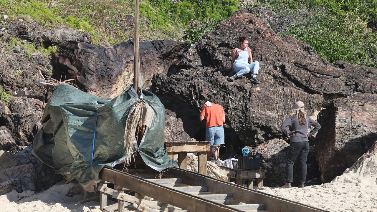 Props and staging being put into place and kept under wraps on North Burleigh headland for weekend filming of "The Bluff". Picture Glenn Hampson