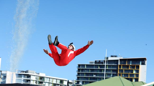 Human cannonball Warren Brophy impressed the crowd at the Ekka Preview on Sunday. Picture: Lachie Millard