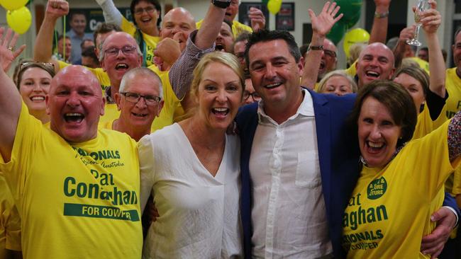 The Nationals Pat Conaghan celebrates his election win in 2019. He is seen here with his wife Ilona and supporters. Photo Frank Redward