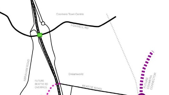 A map showing the Beattie Road overpass which would help solve congestion on the M1 at Coomera.