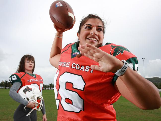 Rebecca Gordon and Alia Karmali are members of the Central Coast Sharks women's gridiron team. Picture: Mark Scott