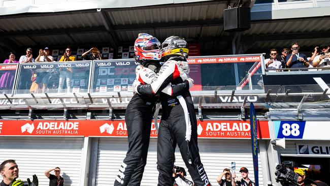 Chaz Mostert and Nick Percat celebrate after their one-two finish in race one of the Adelaide 500. (Photo by Daniel Kalisz/Getty Images)