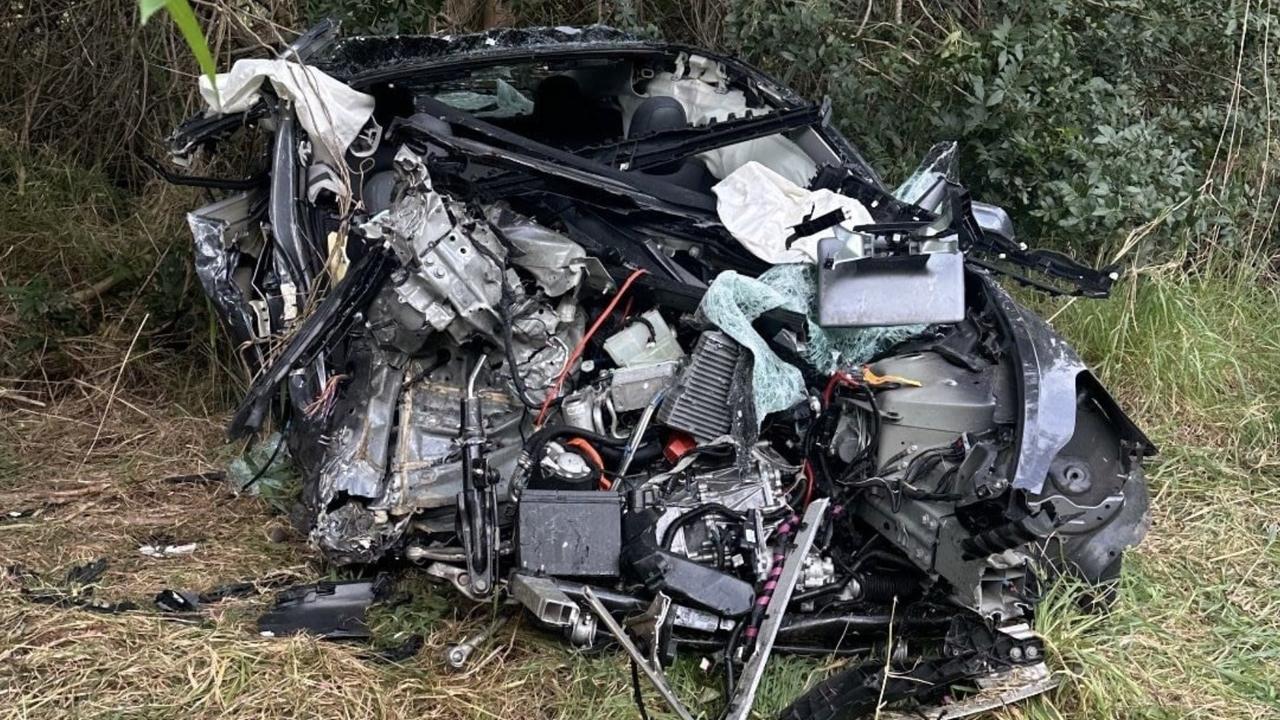 A woman who was driving a Tesla, pictured, was killed after her car and a Toyota HiLux crashed in a head-on, on the Sunshine Mwy in Coolum Beach on October 7. Picture: Contributed