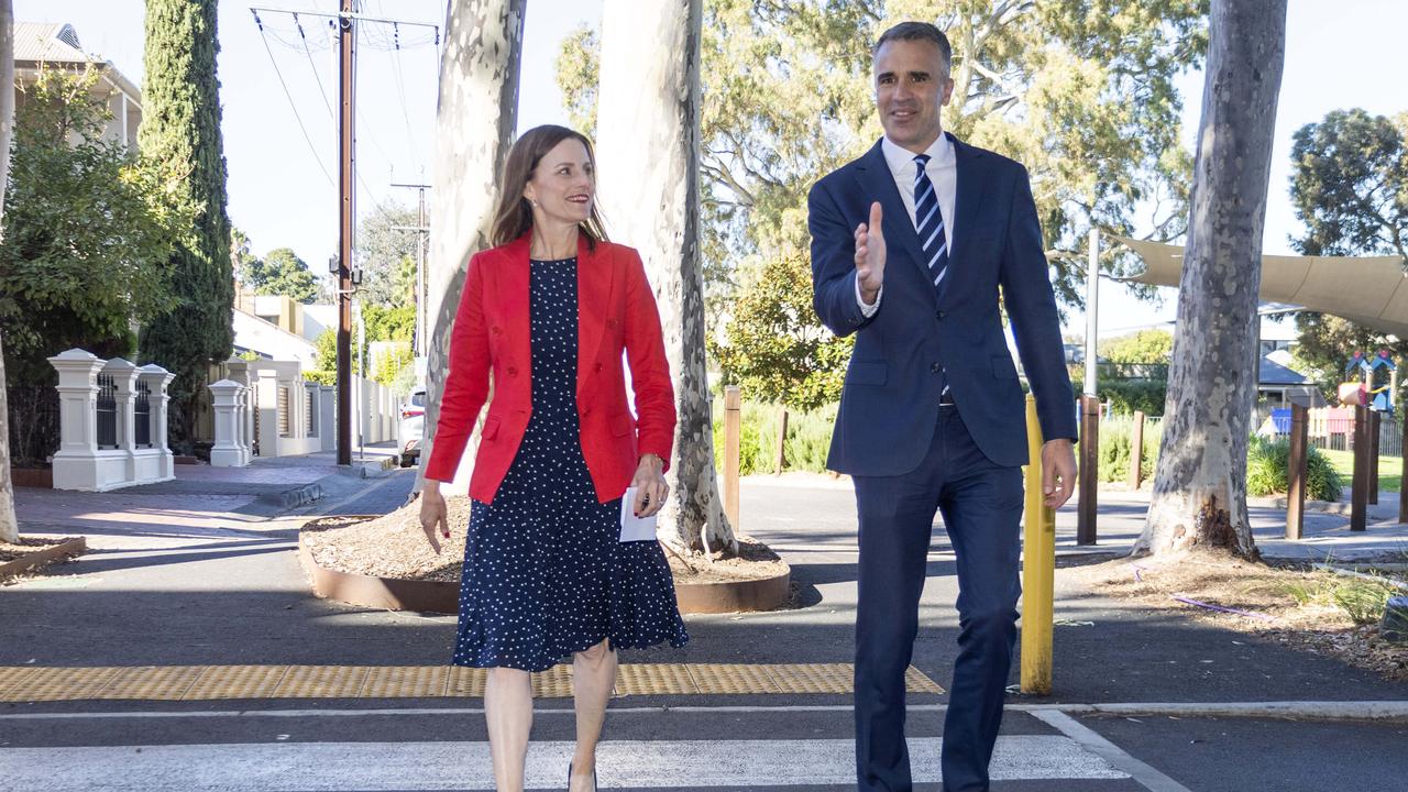 Ms O’Hanlon and the Premier in Norwood. Amid multiple campaign firestorms she and her party repeatedly denied she had lobbied ministers on behalf of her husband’s business or the firm was a lobbyist. Picture: NCA NewsWire / Kelly Barnes