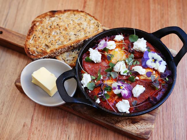 Baked eggs shakshuka (with red peppers, chorizo, goat cheese) at Shanklin Cafe. Picture Rebecca Michael