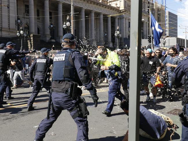 Protesters have clashed with police during the anti-lockdown rally in Melbourne. Picture: Matrix Media Group.