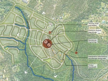 An indicative map of the proposed 'Lizard Rock' development at Belrose on 71ha of land owned by the Metropolitan Local Aboriginal Land Council. The image, showing 'connection to country opportunities', is part of documents lodged with the NSW Planning Department. Picture: Cox Architecture