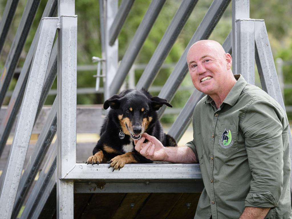 Traumatic brain injury survivor Jason Driscoll of Stones Throw Away with his dog Bruce on his property near Pittsworth, Saturday, March 29, 2025. Picture: Kevin Farmer