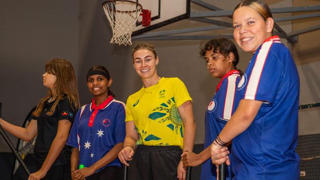 Hunter Rosewood, Akeima Lake, Mariah Williams, Venique Corbett and Tilly Palmer as Olympians and scholarship coaches run training sessions for Katherine youth at RAAF Base Tindal. Picture: Pema Tamang Pakhrin