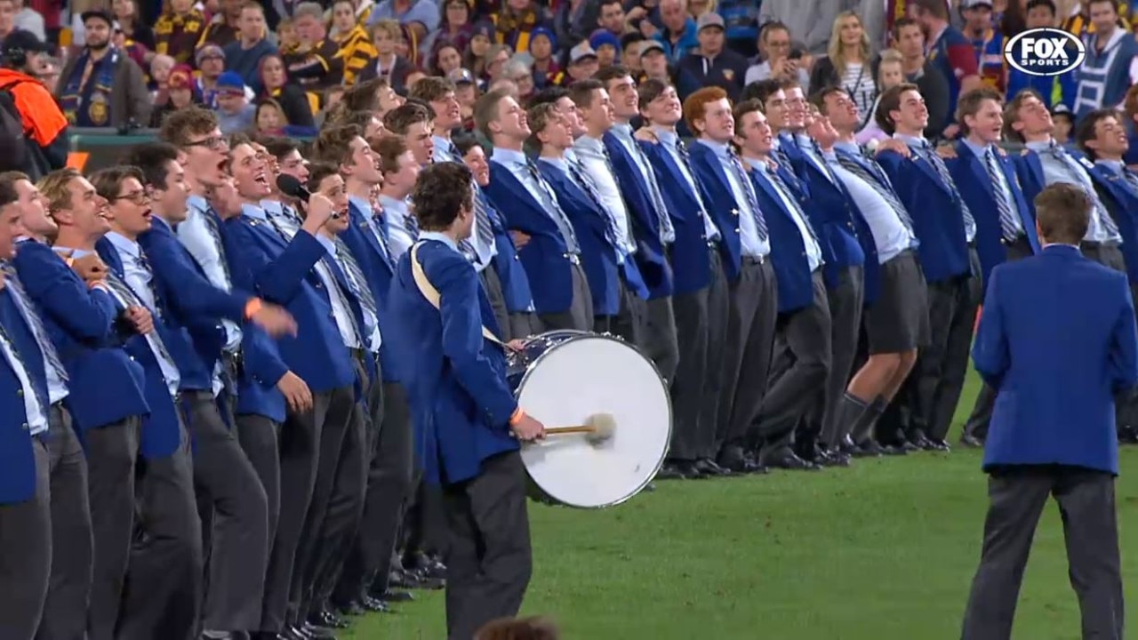 Students from Marist College Ashgrove chanting at three-quarter-time of Brisbane's win over Hawthorn.