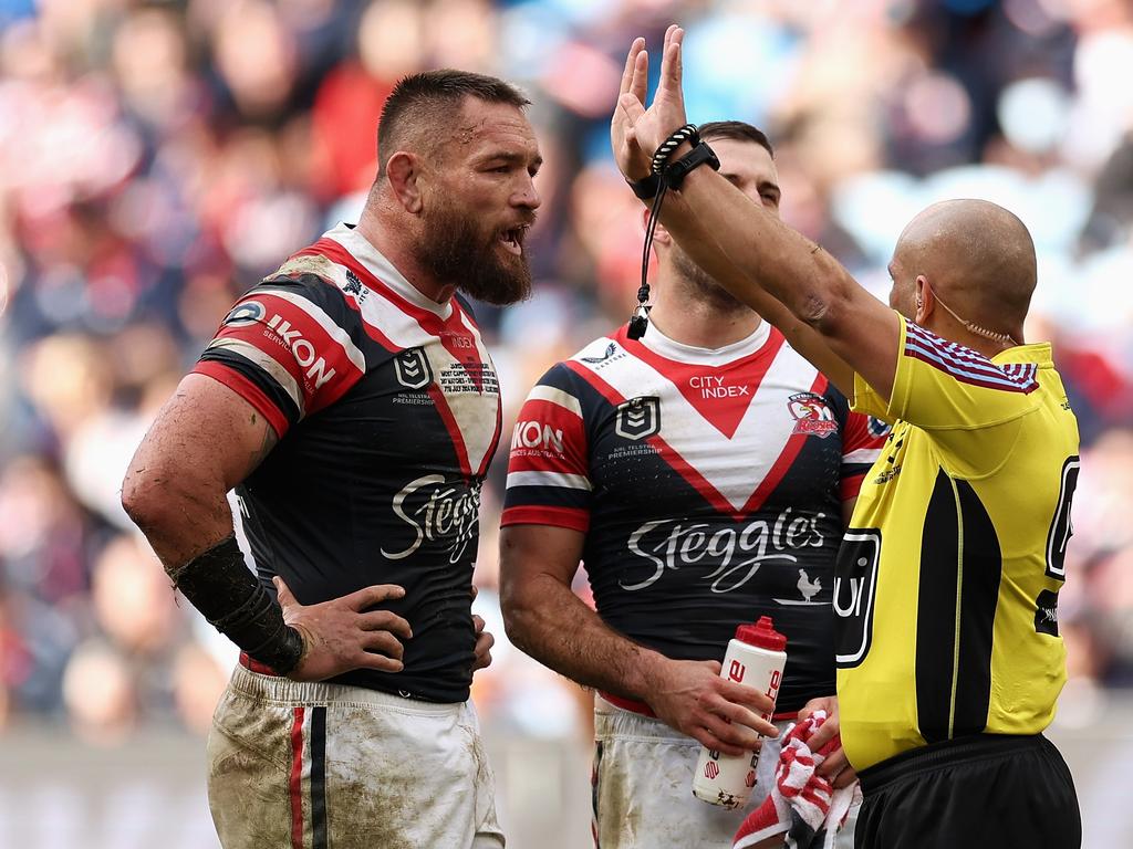 Jared Waerea-Hargreaves of the Roosters is sent to the sin bin during his milestone game last week. Picture: Cameron Spencer/Getty Images