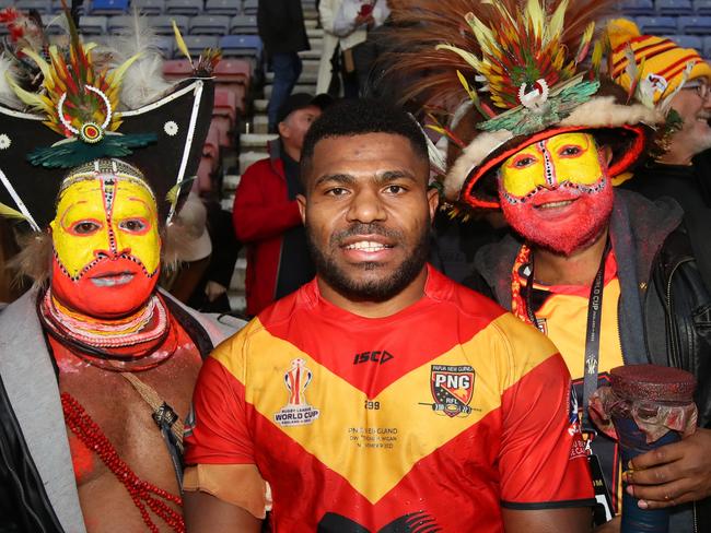 WIGAN, ENGLAND - NOVEMBER 05: Sylvester Namo of Papua New Guinea poses for a photo following the Rugby League World Cup Quarter Final match between England and Papua New Guinea at DW Stadium on November 05, 2022 in Wigan, England. (Photo by Jan Kruger/Getty Images for RLWC)