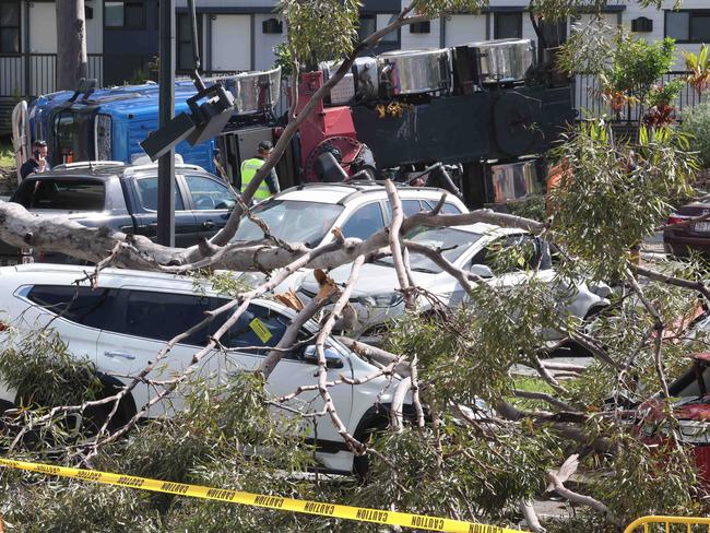A Mobile Crane, that was being used in a tree felling operation at Bond University , toppled over into one of the carparks, crushing several cars. No one was seriously injured in the incident. Picture Glenn Hampson