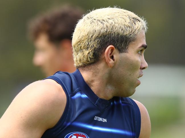 Tyson Stengle sports blonde locks at the Geelong Cats first full pre season training session. Picture: Alison Wynd