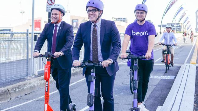 Brisbane Lord Mayor Adrian Schrinner and councillor Ryan Murphy test out Beam and Neuron e-scooters in June 2021. Picture: Facebook