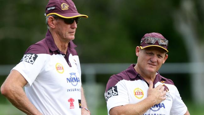 Wayne Bennett and Kevin Walters at Broncos training in 2015. Photo: Darren England.