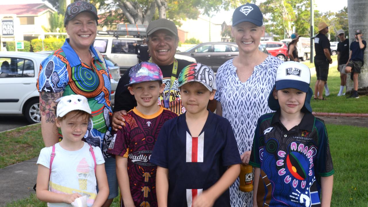 Kate Moore, Skylah McLean, Mason McLean, Kristina Hatfield, Jaime Parnell, Jacob McLean, and Joseph Lovegrove at Rockhampton's Invasion Day Rally 2021