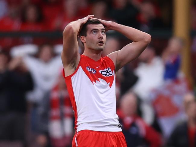 Logan McDonald laments his miss. Picture: Jason McCawley/AFL Photos/via Getty Images