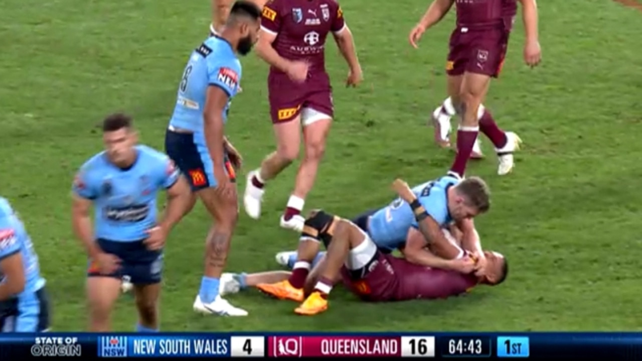 Liam Martin dropped his forearm into the throat of Dane Gagai. Pictures: Fox Sports Lab