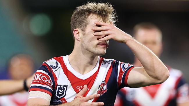 Roosters halfback Sam Walker went off for a HIA after a head knock but returned later in the game. Picture: Mark Kolbe/Getty Images