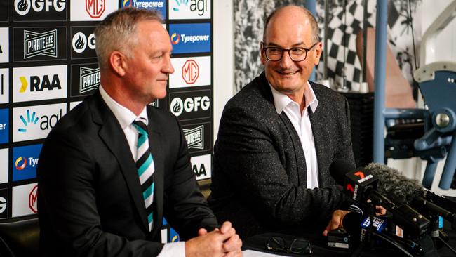 Port Adelaide Chairman Koch (right), with CEO Matthew Richardson, is also hoping to devote more time to his beloved footy. Picture: Morgan Sette