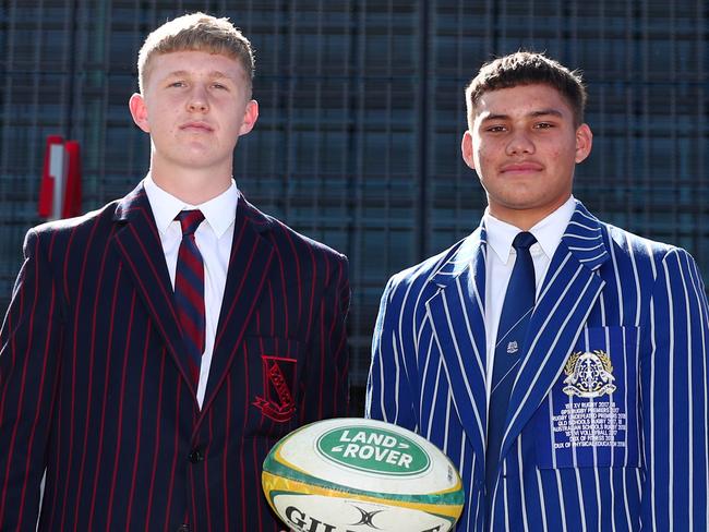 BRISBANE, AUSTRALIA - JUNE 10: Jordan Petaia of the Wallabies, Moses Jones from Brisbane State High School, Reesjan Pasitoa from St Josephs Nudgee College, Alex Mafi of Reds pose during an Australian Wallabies media opportunity at Suncorp Stadium on June 10, 2019 in Brisbane, Australia. (Photo by Chris Hyde/Getty Images)