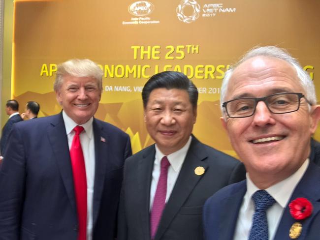 Malcolm Turnbull snaps a selfie with Donald Trump and Xi Jinping. Picture: Twitter