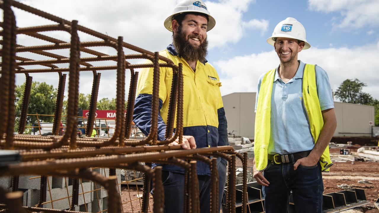 Hutchinson Builders Toowoomba Bulky Goods site manager Josh Dietz (left) and project manager Lachlan Bloomfield on site on the corner of James and Neil Sts, Thursday, March 23, 2023. Picture: Kevin Farmer