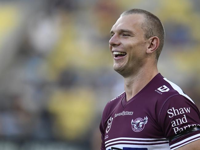 TOWNSVILLE, AUSTRALIA - SEPTEMBER 04:  Tom Trbojevic of the Sea Eagles looks on before the start of the round 25 NRL match between the North Queensland Cowboys and the Manly Sea Eagles at QCB Stadium, on September 04, 2021, in Townsville, Australia. (Photo by Ian Hitchcock/Getty Images)