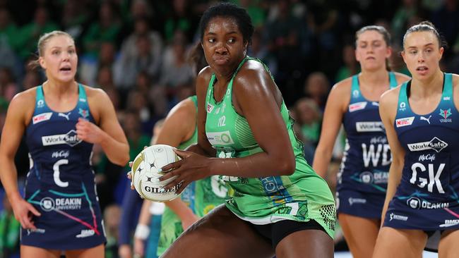 Jhaniele Fowler in action during the Super Netball Semifinal match between Melbourne Vixens and West Coast Fever. Photo: Getty Images