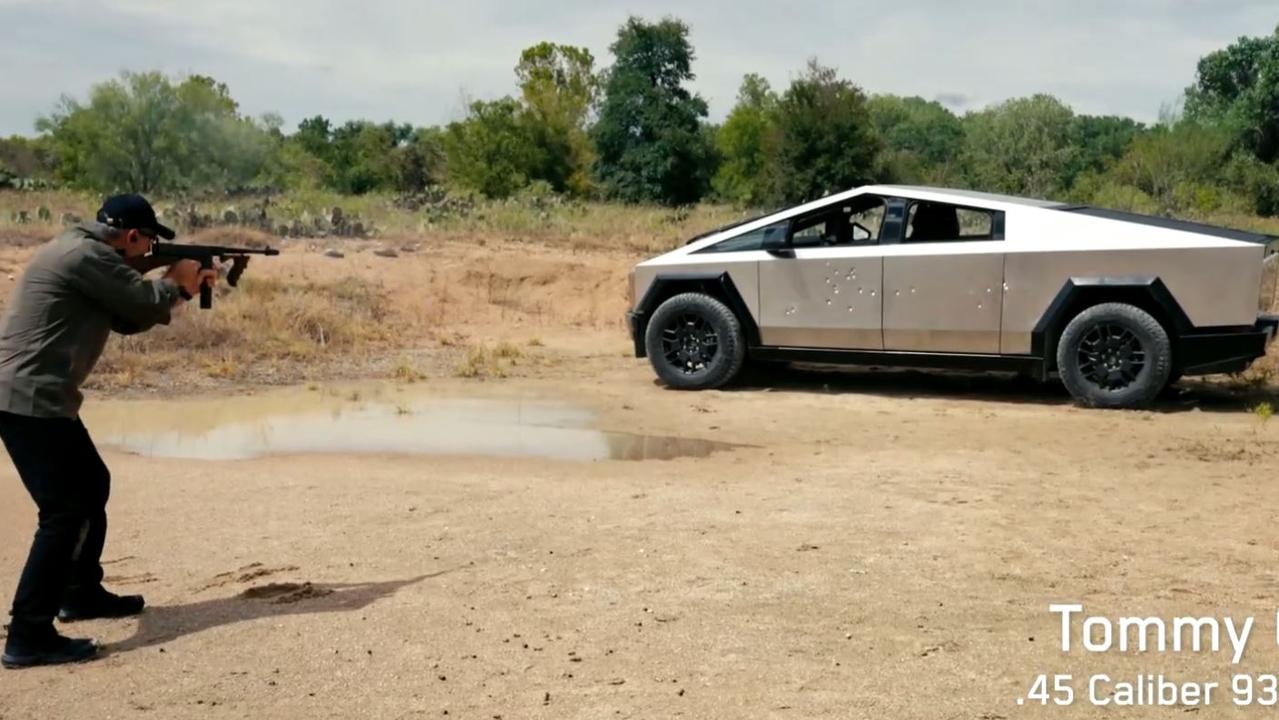 The presentation included footage of a man shooting the Tesla with a machine gun. Picture: Supplied. Courtesy @Tesla on X(Twitter)