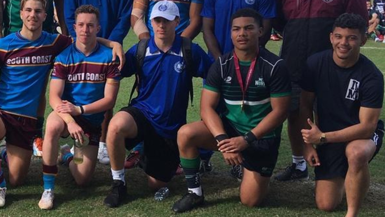 Prinston Esera, fourth from the left in the green Met North shirt, while Blake Mozer (Keebra Park) and Tom Weaver (PBC), far left, next to each other. They all made the Qld 16-18 year merit side.