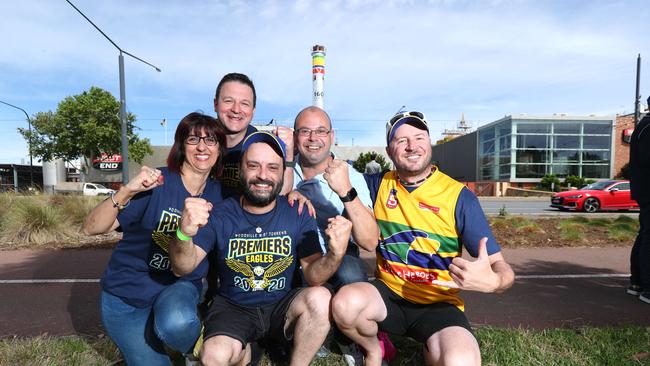 Eagles fans Mim Loprete, Dave Fachin, Anthony Marafioti, Kym Sellers and Paul Hower at last year’s chimney unveiling at the West End Brewery. Pic: Tait Schmaal.