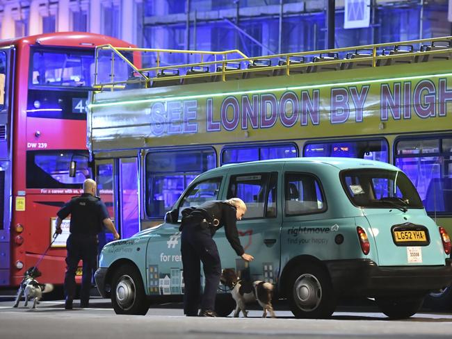 Police sniffer dogs on London Bridge after the attacks occurred. Picture: AP