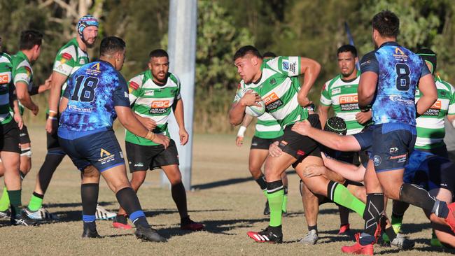 Gold Coast District Rugby Union (GCDRU) first grade clash between Helensvale Hogs (Blue) and Palm Beach Currumbin Alleygators (Green). Match Played at Helensvale. Pic Mike Batterham