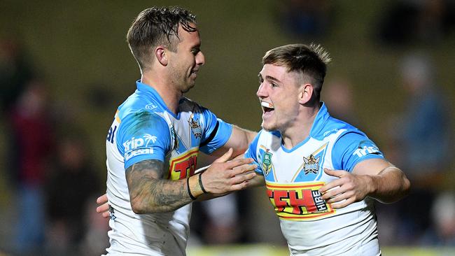 AJ Brimson (right) ripped apart the Sea Eagles in the Titans’ comeback win. Picture: AAP Image/Dan Himbrechts