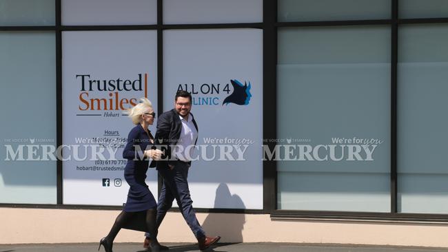 Bruce Lehrmann and solicitor Zali Burrows spotted in Hobart on 22 October 2024. Picture: Elise Kaine